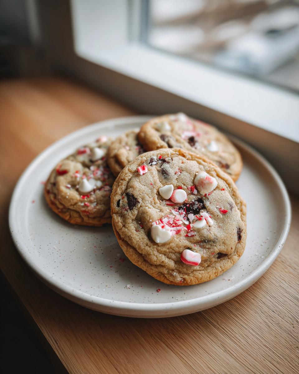 Three freshly baked peppermint chocolate chip cookies topped with white chips and crushed candy canes on a speckled plate.