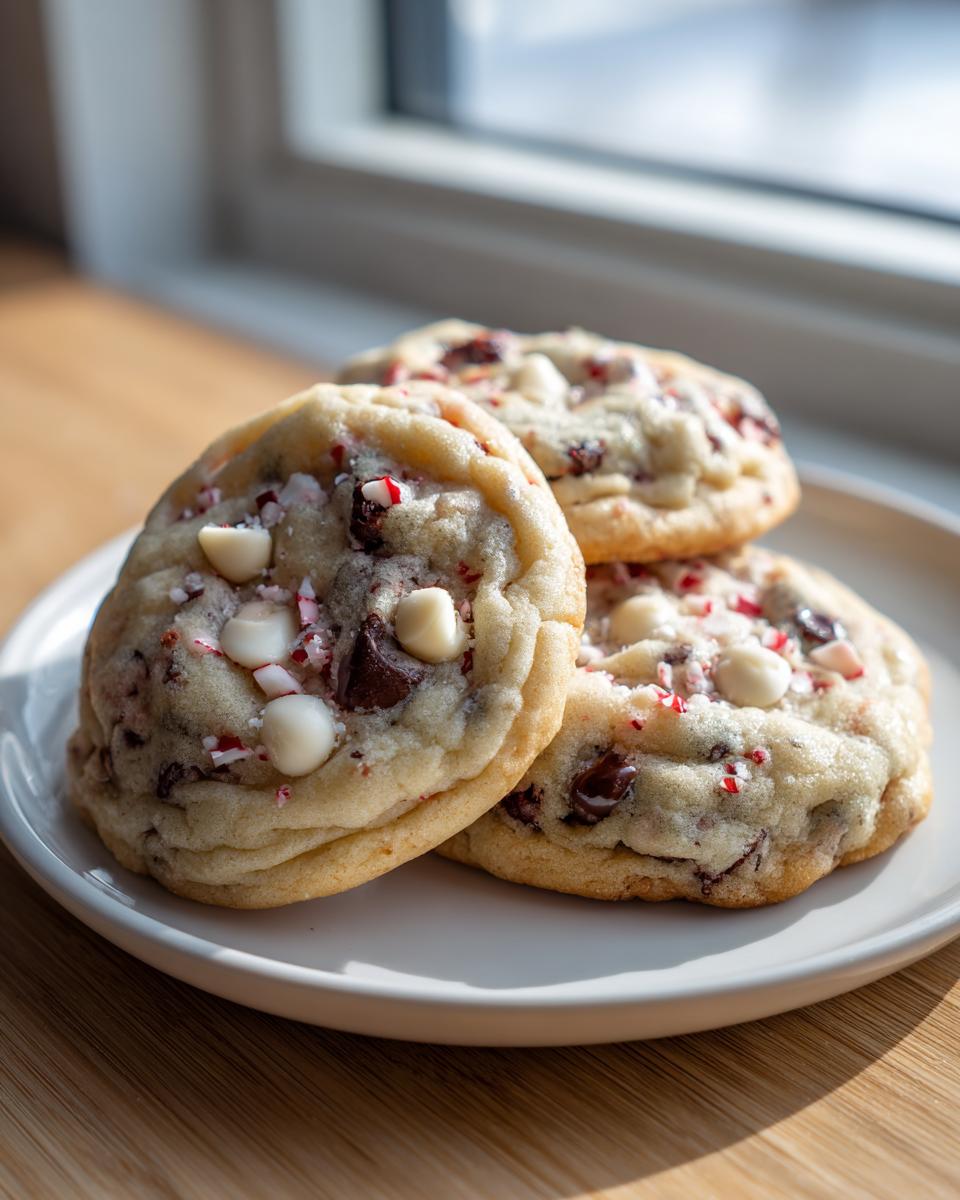 Three soft peppermint chocolate chip cookies topped with white chocolate chips and crushed candy canes on a white plate.