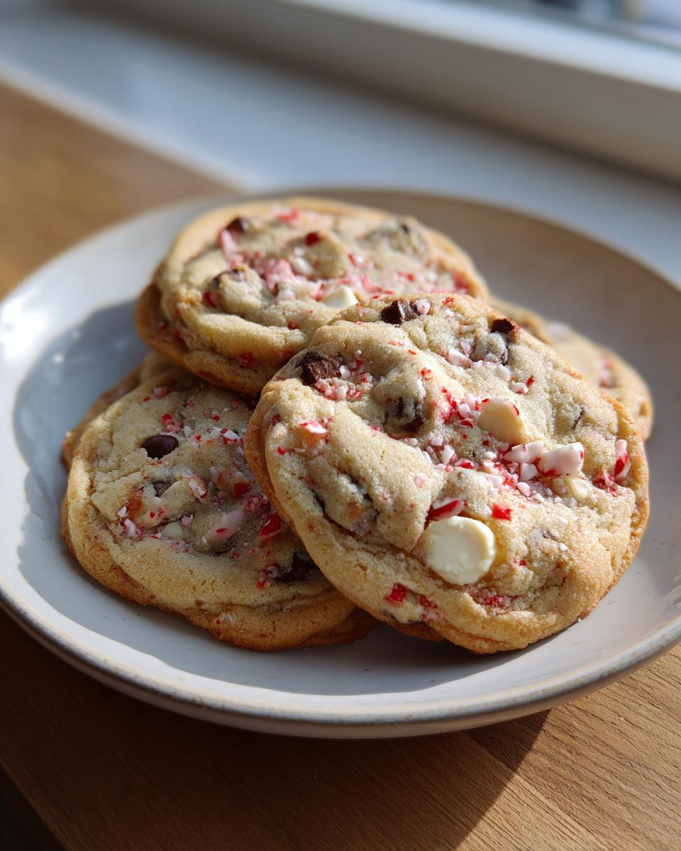 A stack of three soft peppermint chocolate chip cookies topped with crushed candy canes and white chocolate chips.