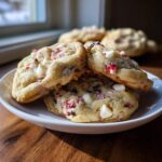A stack of chewy peppermint chocolate chip cookies featuring white chocolate chips and crushed candy canes on a white plate.