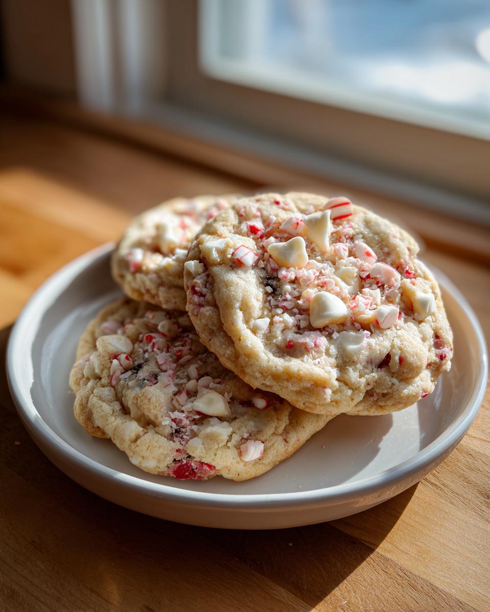 Three soft peppermint chocolate chip cookies topped with white chocolate chips and crushed candy canes, sitting on a white plate.