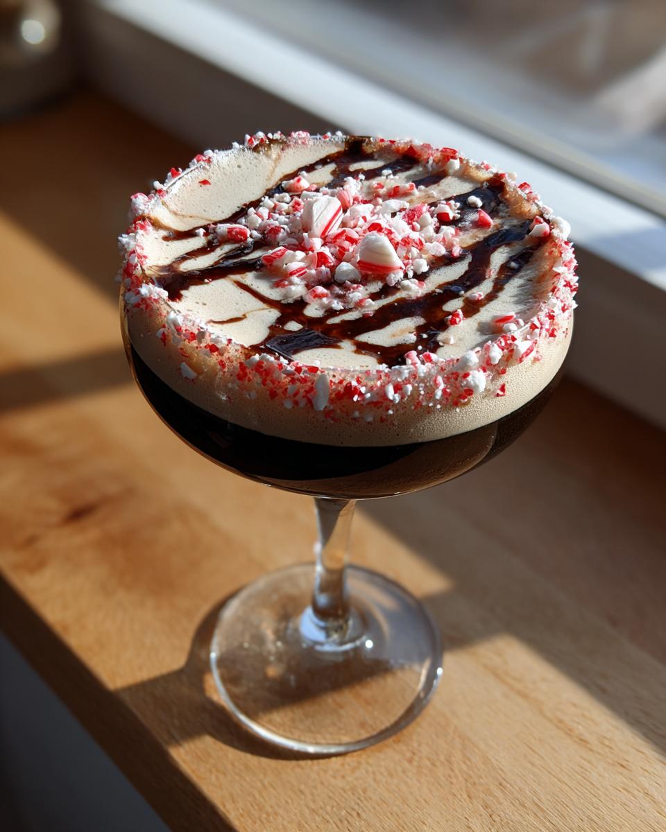 A festive peppermint espresso martini topped with foam, chocolate drizzle, and crushed candy canes.