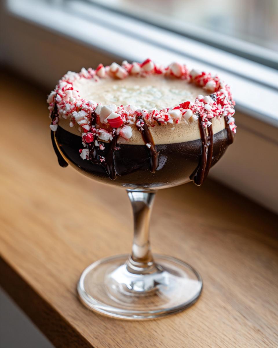 A rich peppermint espresso martini garnished with chocolate drizzle and crushed candy canes on the rim.