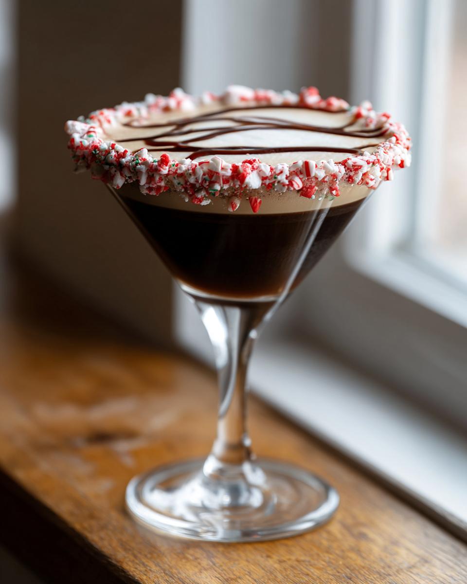 A festive peppermint espresso martini in a martini glass with a crushed candy cane rim and chocolate drizzle.