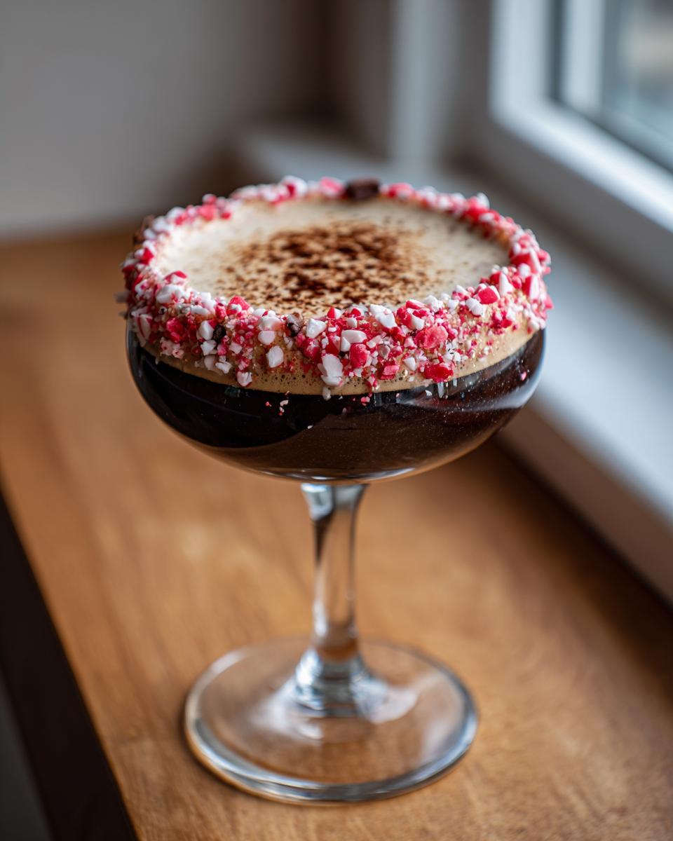 A festive peppermint espresso martini garnished with a crushed candy cane rim and cocoa dusting.