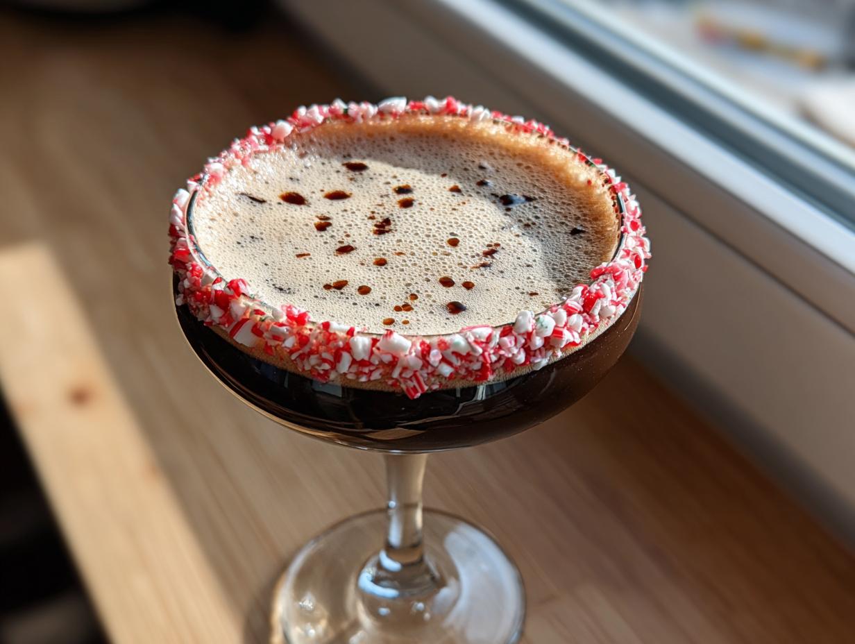 A festive peppermint espresso martini in a coupe glass, featuring a crushed candy cane rim and rich coffee foam.