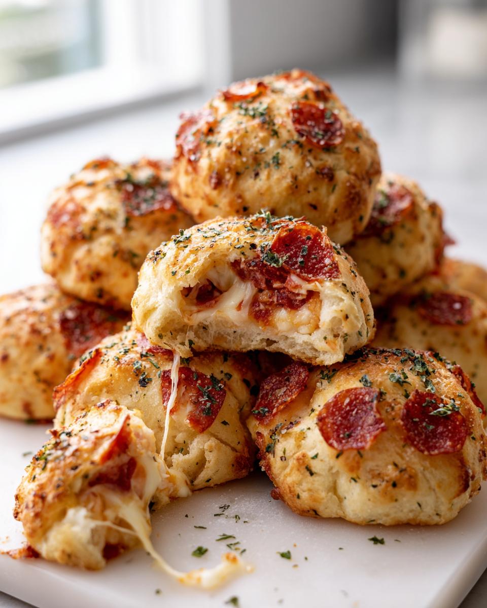 A pile of golden-brown homemade pizza bites stuffed with pepperoni and melted cheese, garnished with herbs.