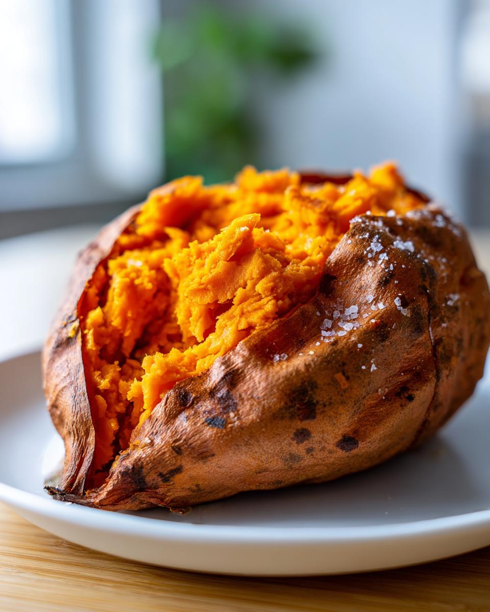 Close-up of a perfectly baked sweet potato, split open to reveal fluffy orange flesh, topped with flaky sea salt.