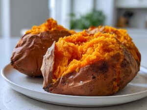 Three perfectly baked sweet potato halves, split open to show fluffy, bright orange interior sprinkled with salt.