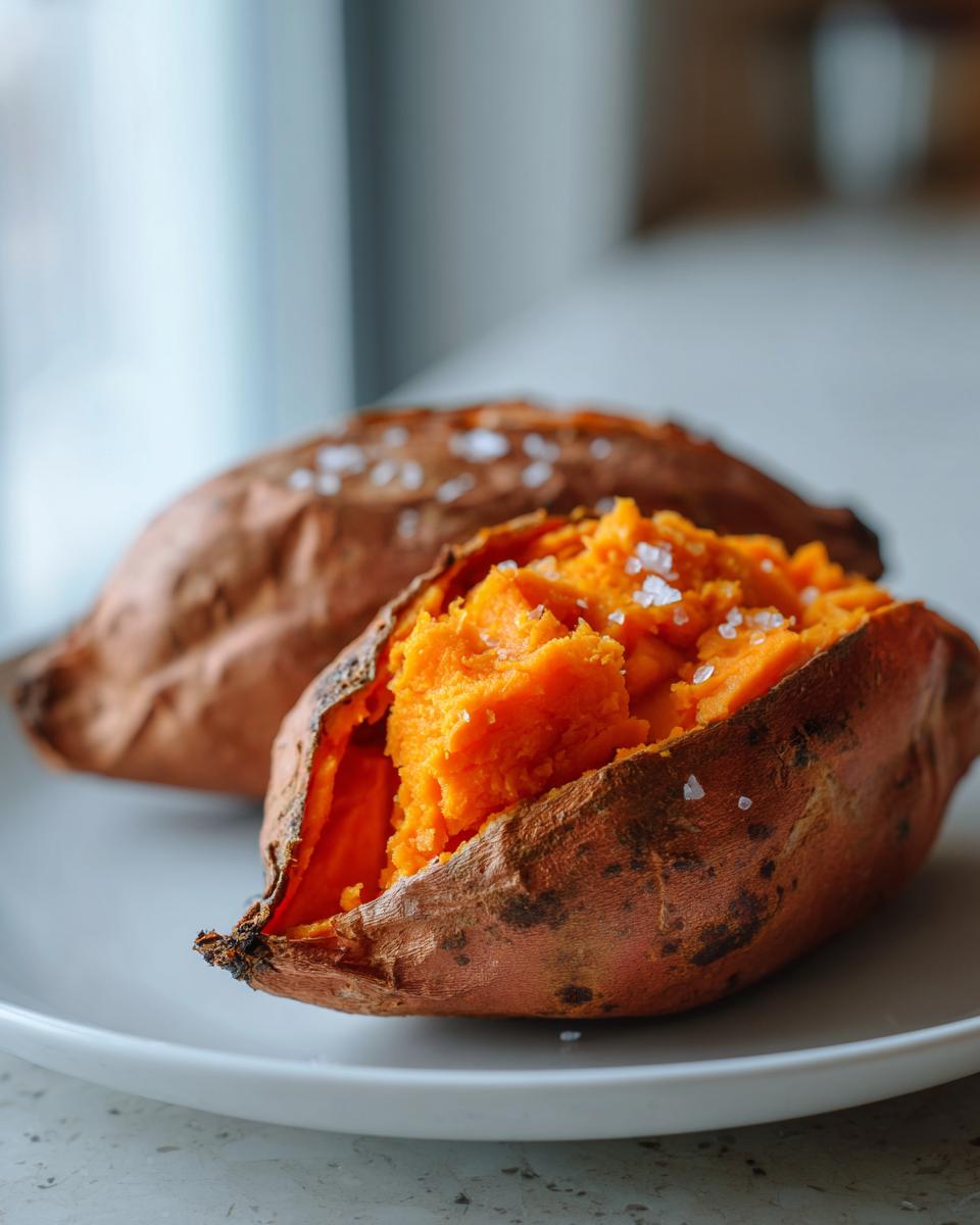 Close-up of a perfectly baked sweet potato, split open to show the fluffy orange interior topped with coarse sea salt.