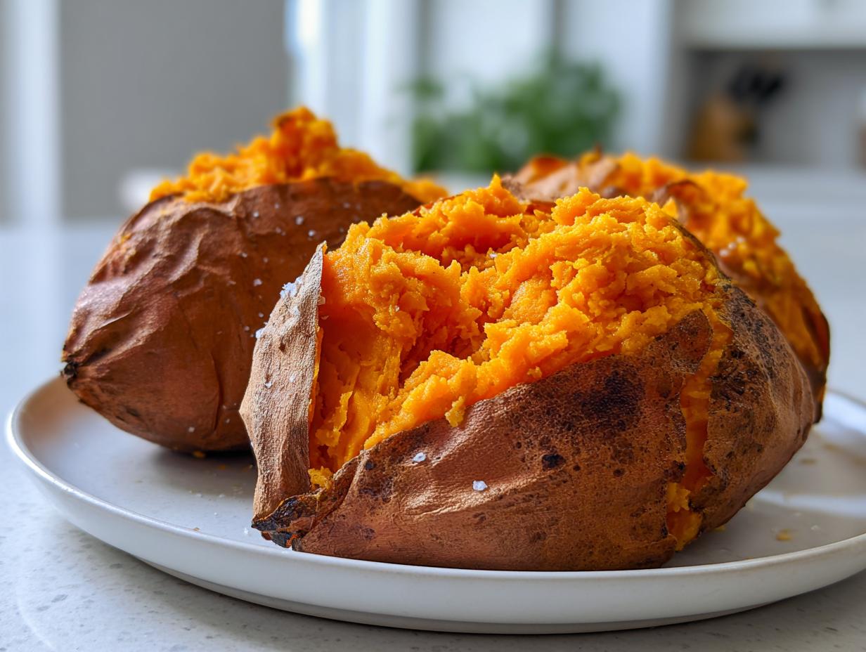 Three perfectly baked sweet potato halves, split open to show fluffy, bright orange interior sprinkled with salt.