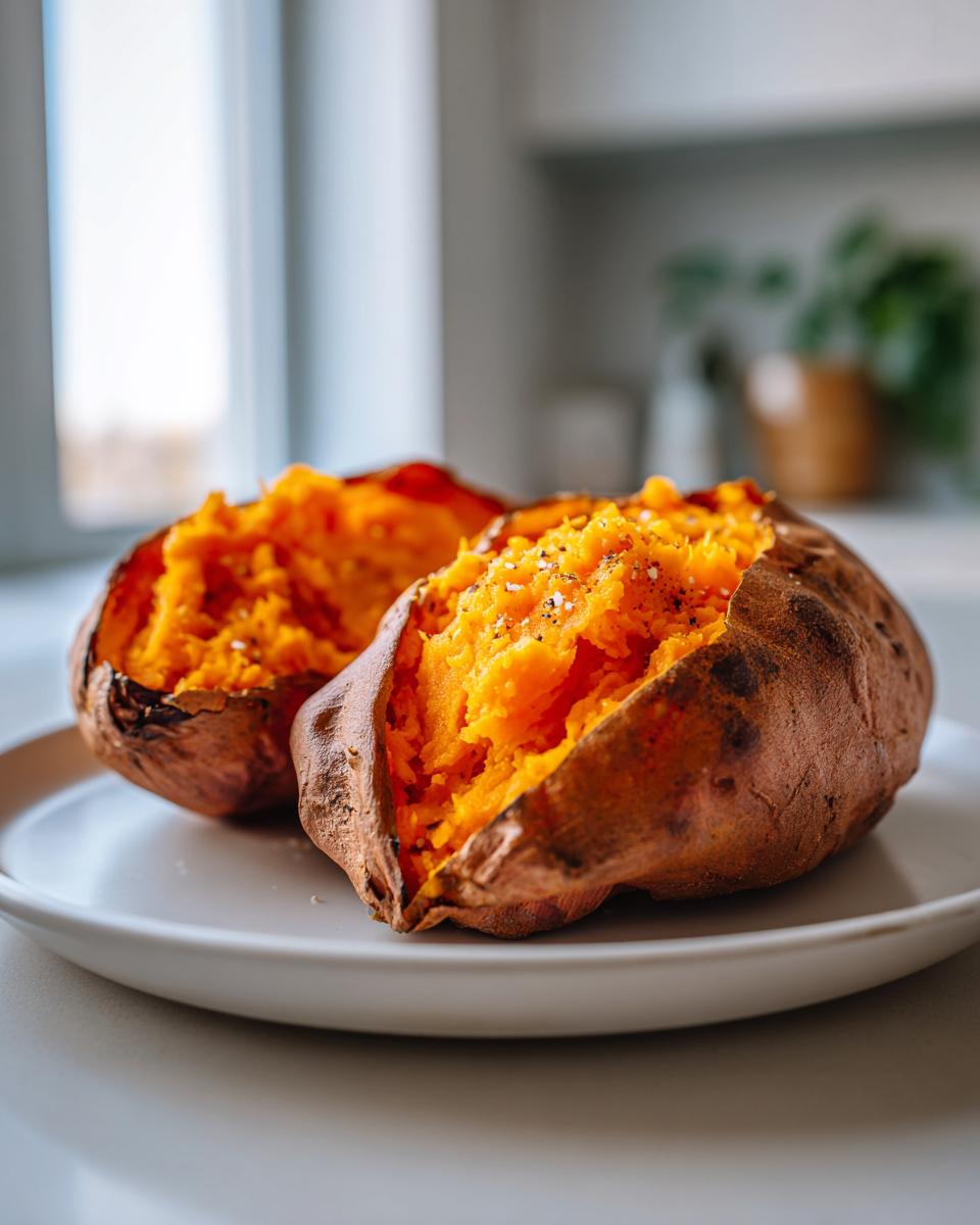 Two halves of a perfectly baked sweet potato, showing fluffy orange flesh seasoned with salt and pepper.