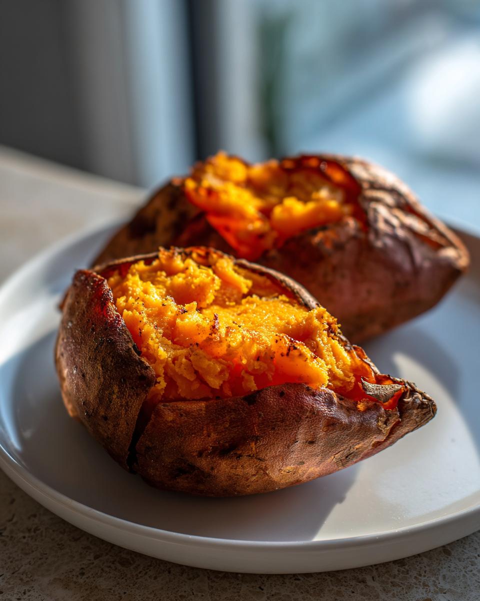 Two halves of a perfectly baked sweet potato, showing the fluffy, bright orange interior.