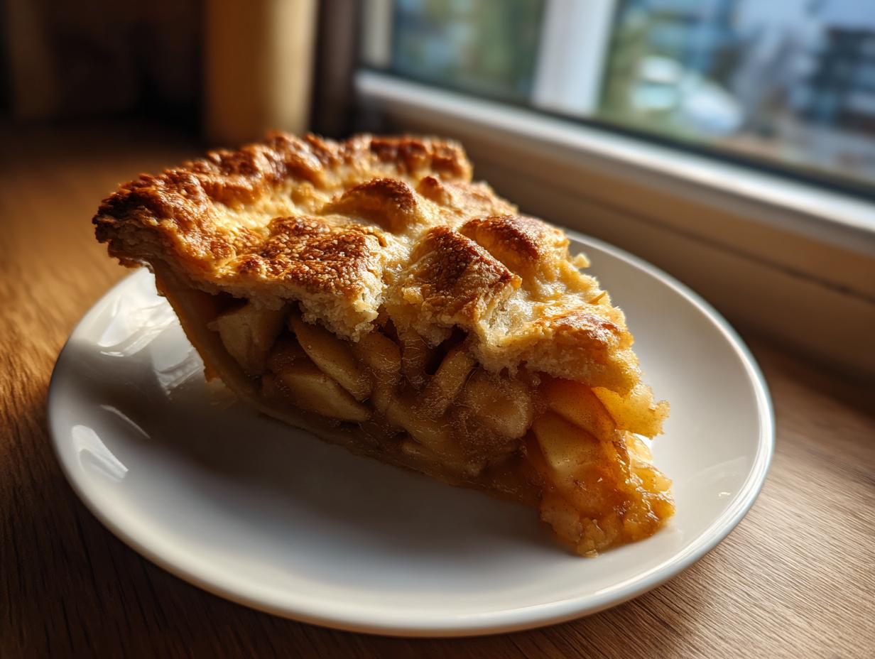 A close-up of a perfect slice of homemade apple pie featuring a flaky, golden-brown crust and visible apple filling.