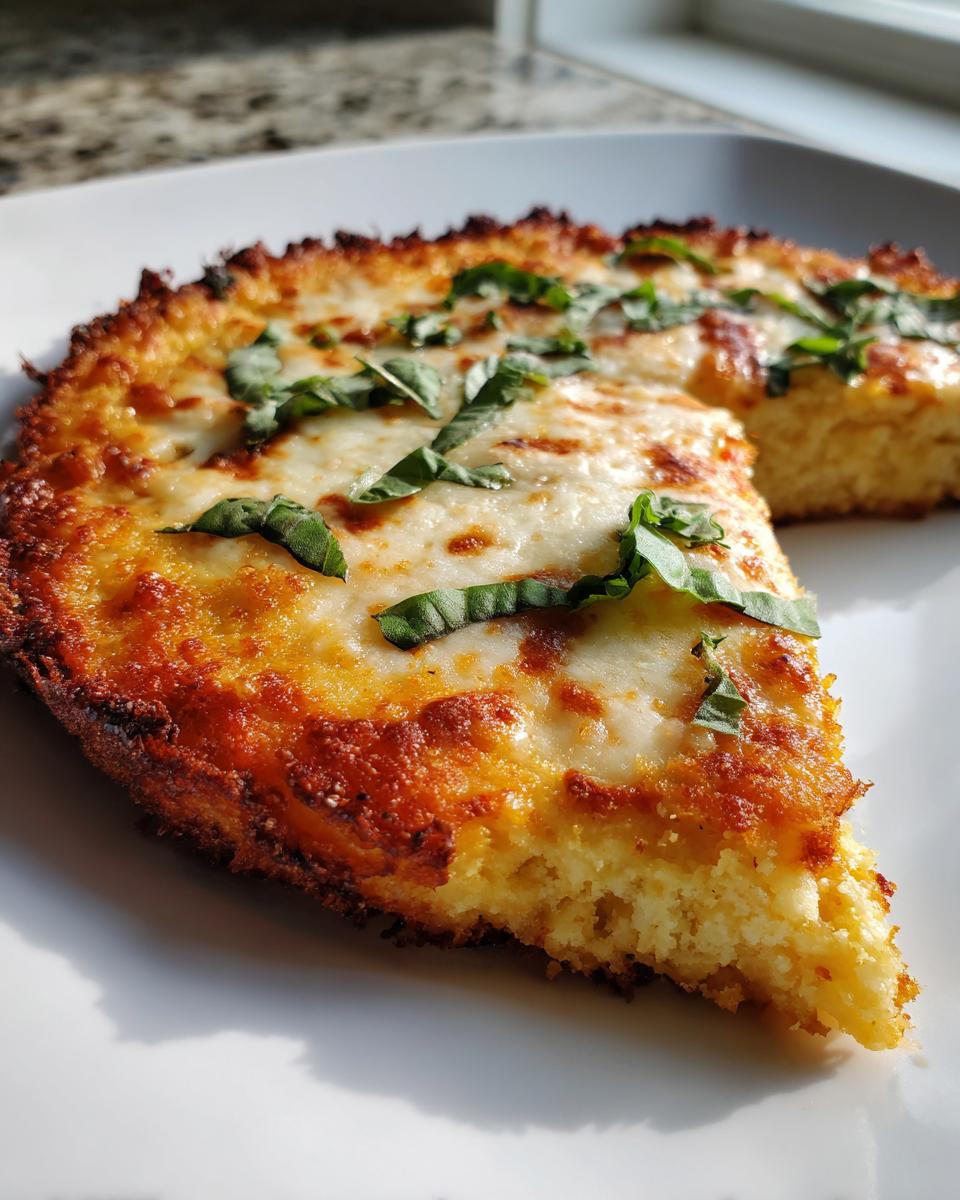 Close-up of a slice of keto pizza crust topped with melted mozzarella and fresh basil leaves.