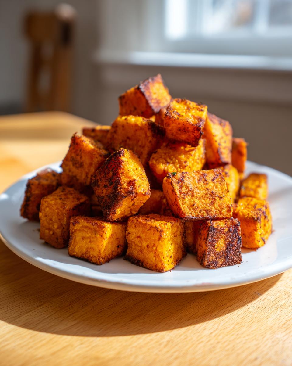A mound of perfectly seasoned and caramelized roasted sweet potatoes cubes piled high on a white plate.