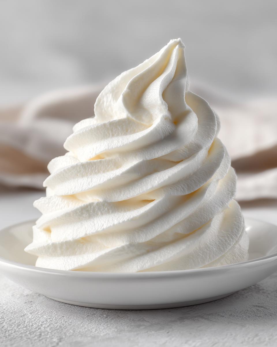 A tall, perfectly piped swirl of white cream cheese frosting sitting in a small white dish.