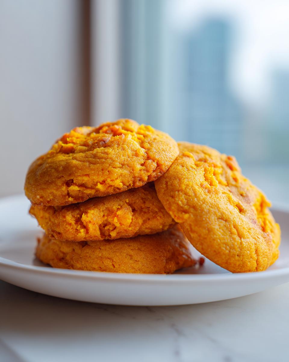 A stack of four bright orange persimmon cookies resting on a white plate, with a soft, blurred city background.