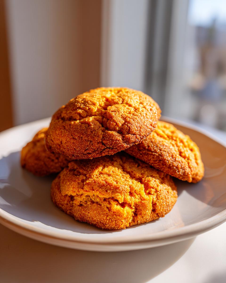 A stack of four soft, golden-orange persimmon cookies resting on a light gray plate near a window.