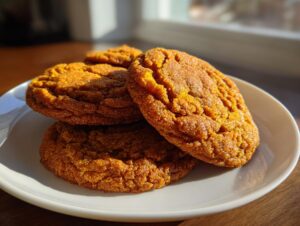 A stack of four soft, crinkly persimmon cookies resting on a white plate, highlighted by bright sunlight.