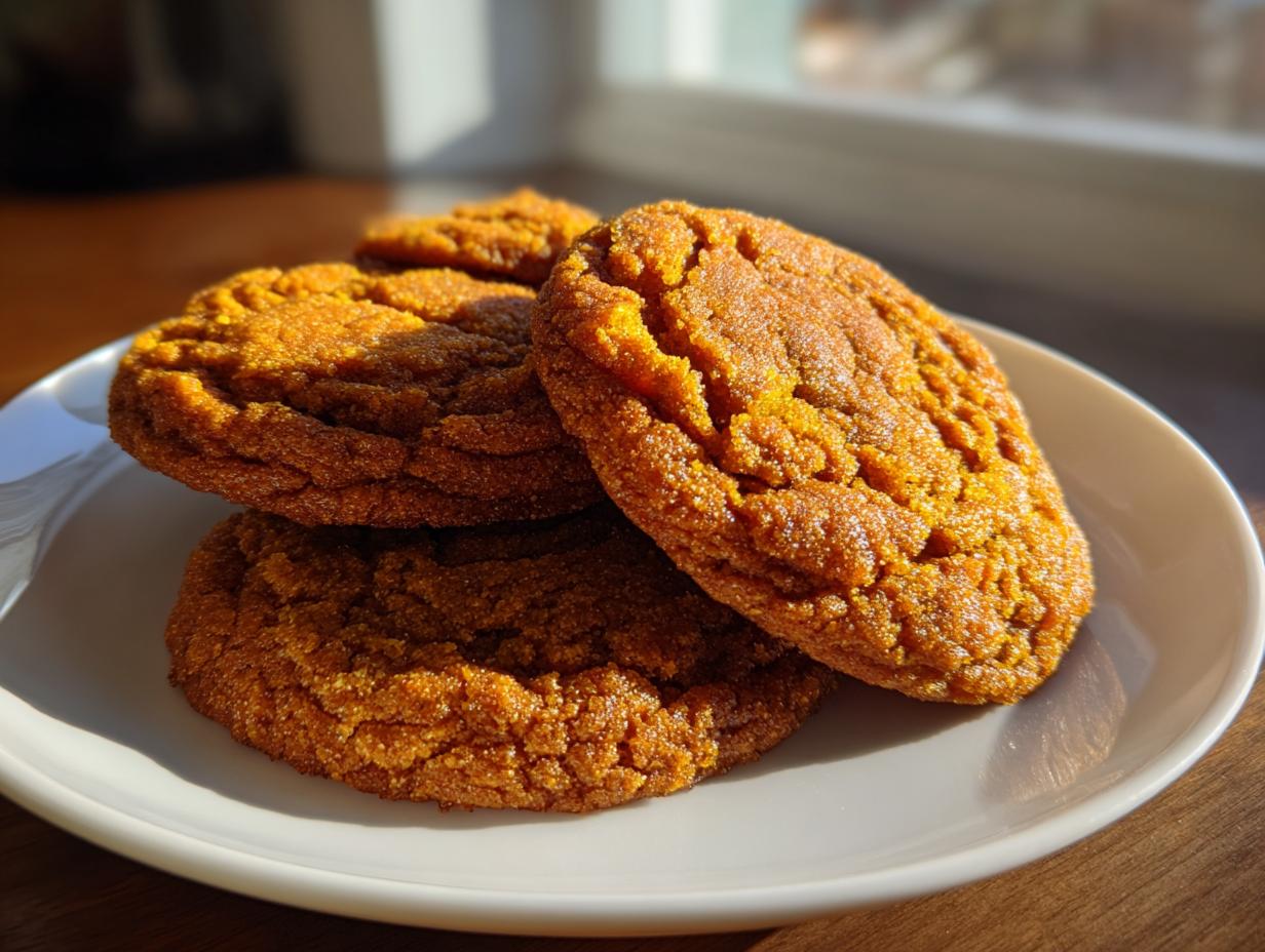 A stack of four soft, crinkly persimmon cookies resting on a white plate, highlighted by bright sunlight.