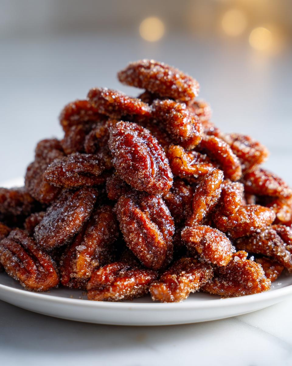A close-up of a mound of glistening cinnamon sugar pecans coated heavily in sparkling sugar crystals.