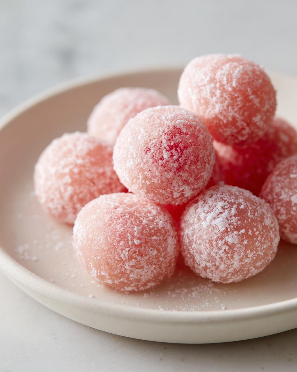 Close-up of several pink, round watermelon mochi dusted heavily with white powdered sugar on a light plate.