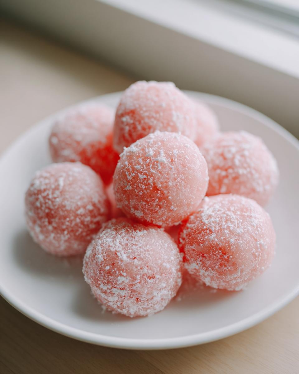 A pile of pink, round watermelon mochi dusted generously with white powdered sugar on a white plate.