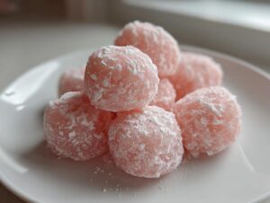 A close-up of several pink watermelon mochi balls dusted heavily with white powdered sugar, resting on a white plate.