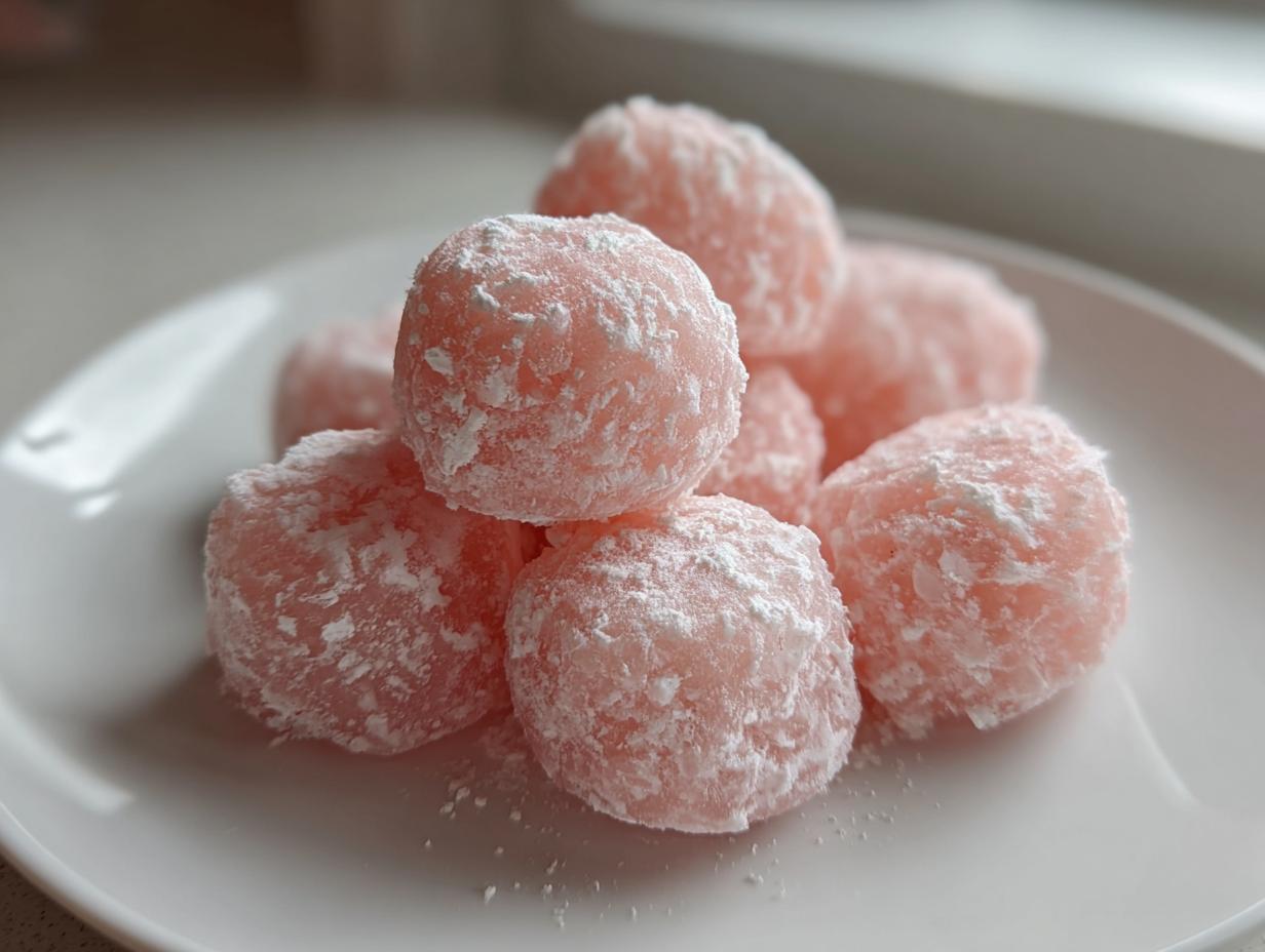 A close-up of several pink watermelon mochi balls dusted heavily with white powdered sugar, resting on a white plate.