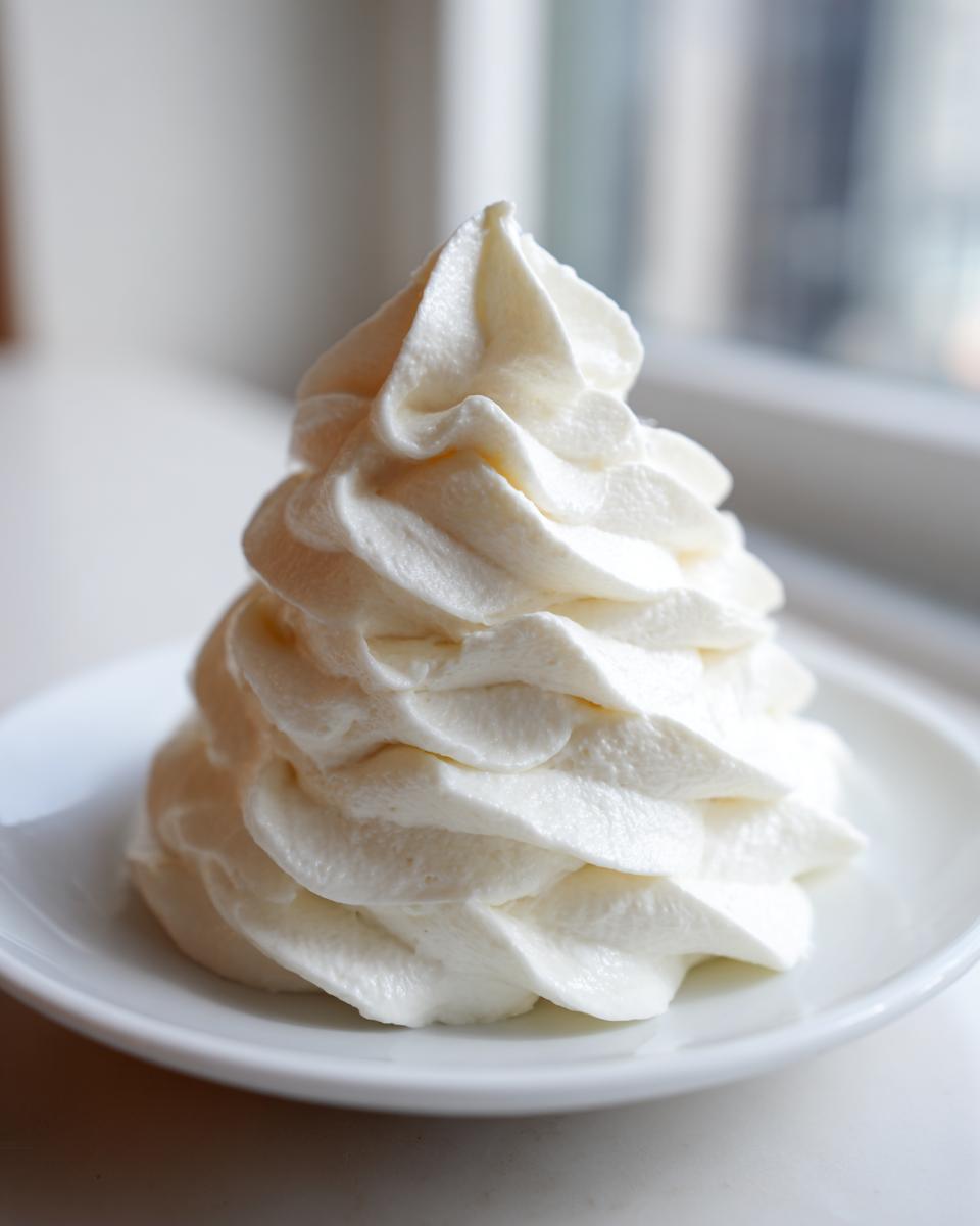 A tall, perfectly piped swirl of white cream cheese frosting sitting on a small white dish.