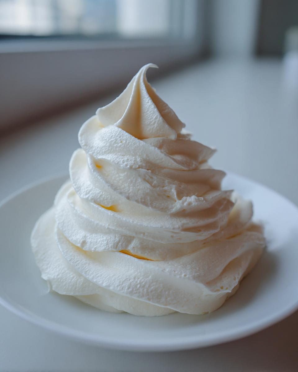 A tall, perfectly piped swirl of white cream cheese frosting sitting on a small white plate.