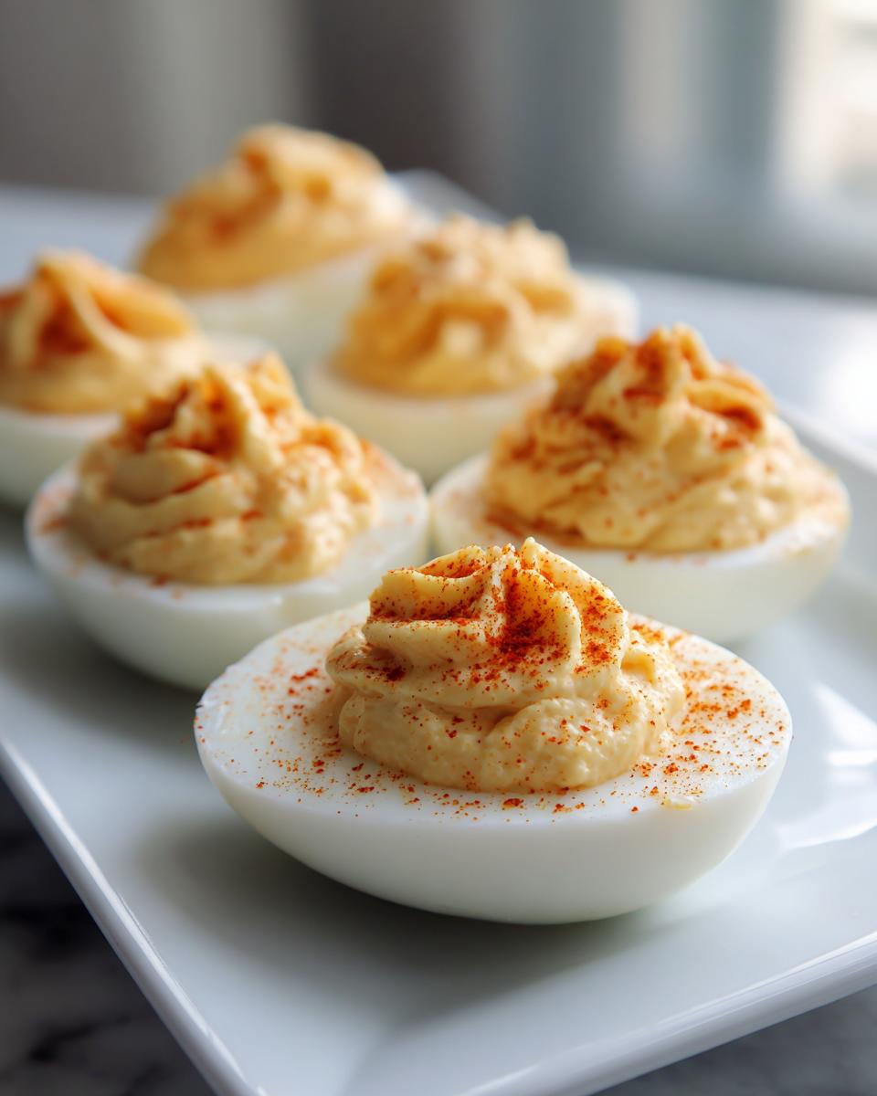 Close-up of perfectly piped deviled eggs garnished with paprika, ready to serve.