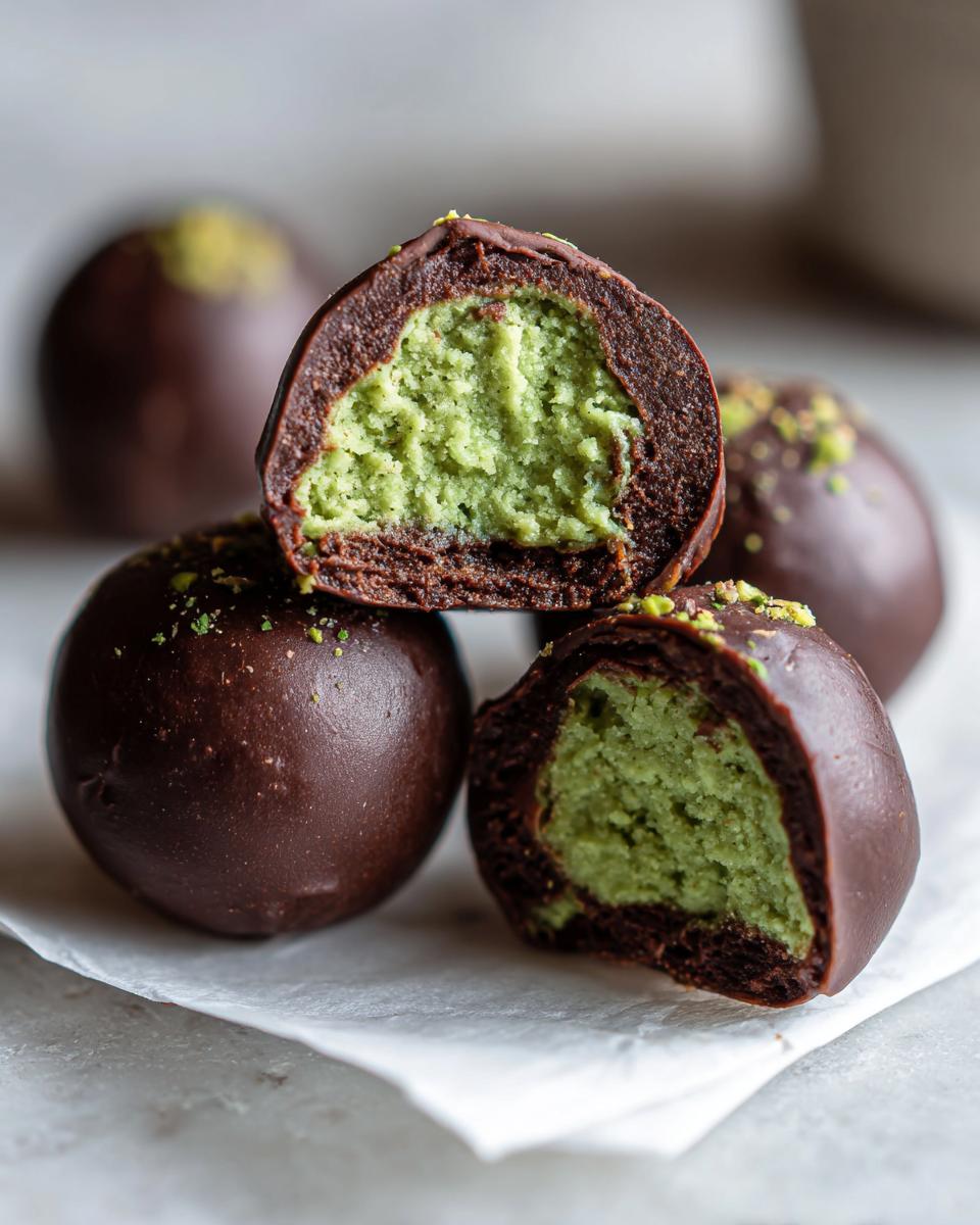 Close-up of dubai chocolate balls, showing one cut in half revealing a bright green pistachio filling inside a dark chocolate shell.