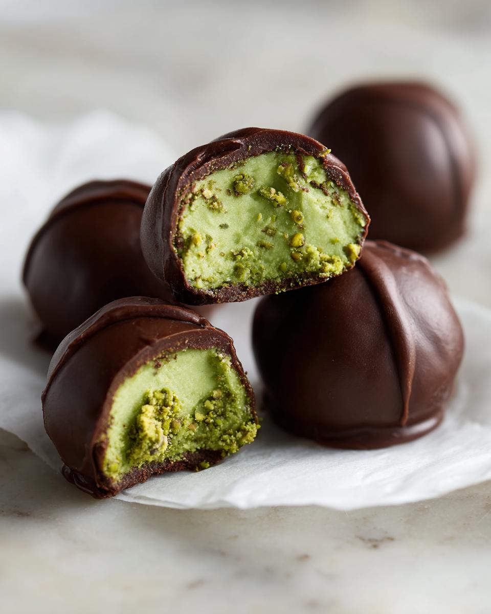 Close-up of dubai chocolate balls, one cut open revealing a bright green pistachio filling.