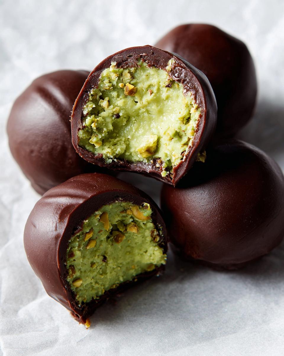 Close-up of dubai chocolate balls showing the rich, green pistachio filling inside a dark chocolate shell.