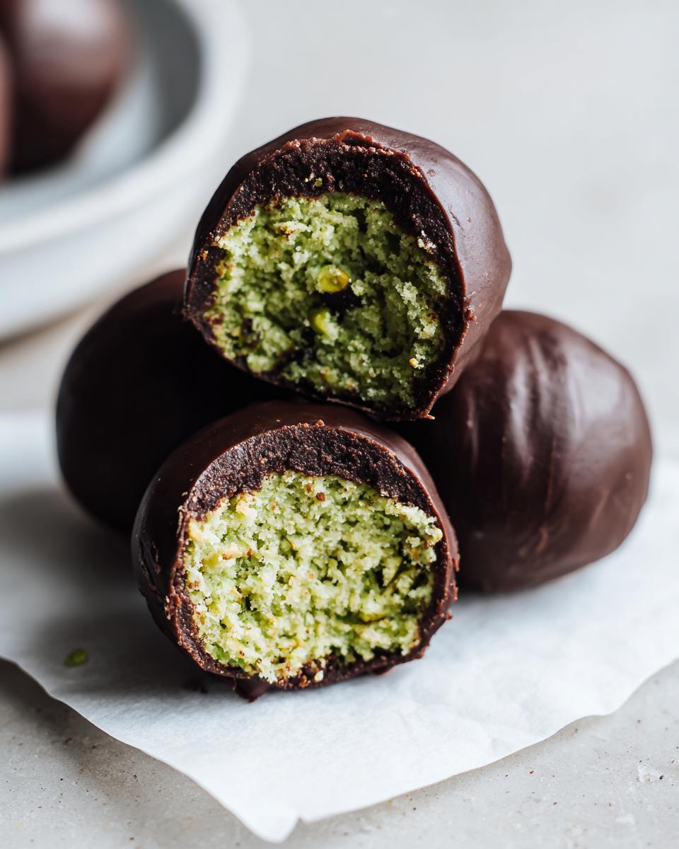 Close-up of dubai chocolate balls cut in half, revealing a bright green pistachio filling coated in dark chocolate.