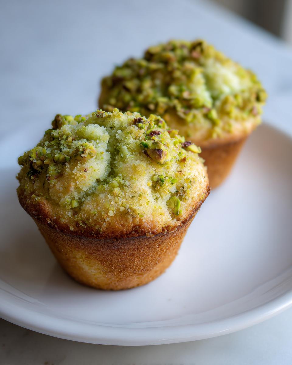 Two golden-brown pistachio muffins topped with bright green chopped nuts and sugar crumble, served on a white plate.