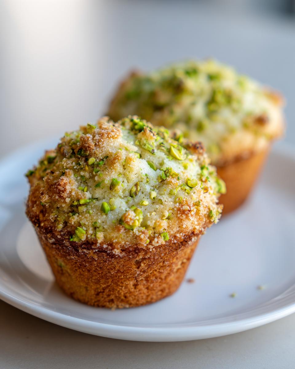Two golden-brown pistachio muffins topped with sugar and chopped pistachios, resting on a white plate.