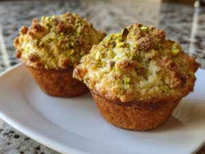 Two golden-brown pistachio muffins topped with streusel and chopped pistachios, sitting on a white plate.