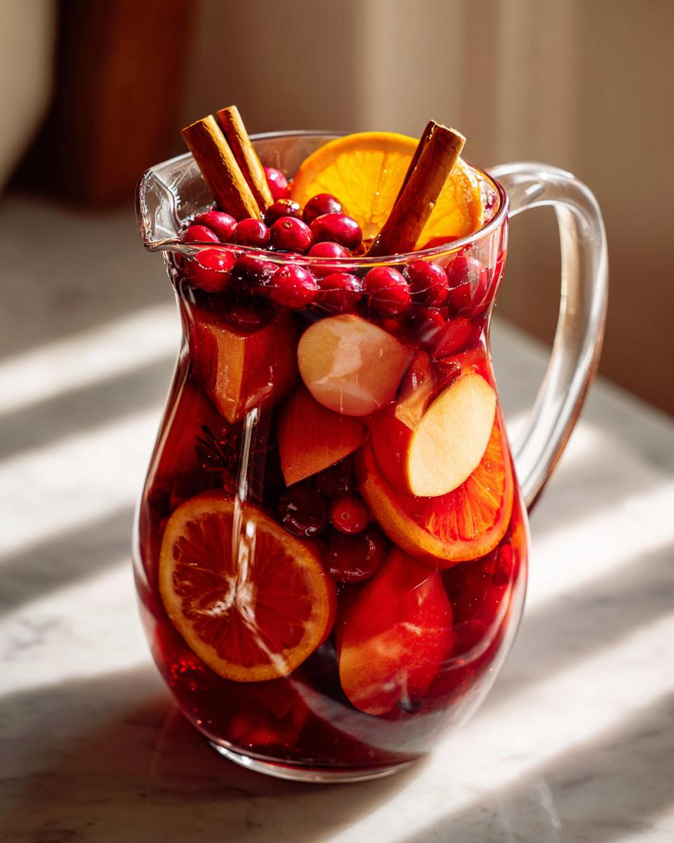 A glass pitcher filled with deep red holiday sangria, loaded with cranberries, orange slices, apple pieces, and cinnamon sticks.