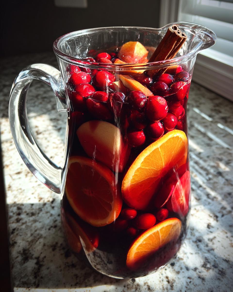 A clear glass pitcher filled with deep red holiday sangria, loaded with fresh cranberries, orange slices, and a cinnamon stick.