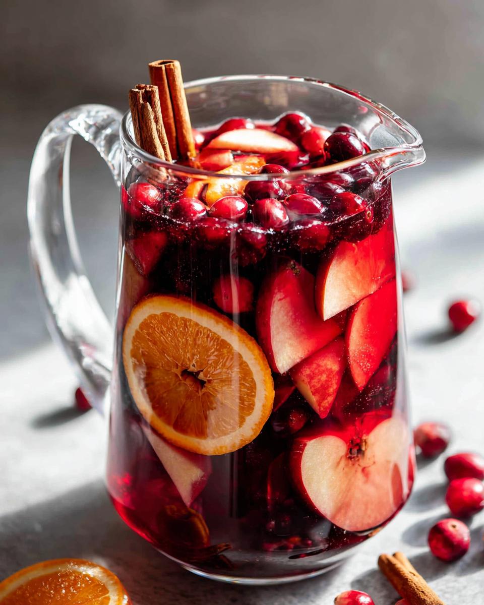 A glass pitcher filled with deep red holiday sangria, loaded with apple slices, cranberries, an orange slice, and cinnamon sticks.
