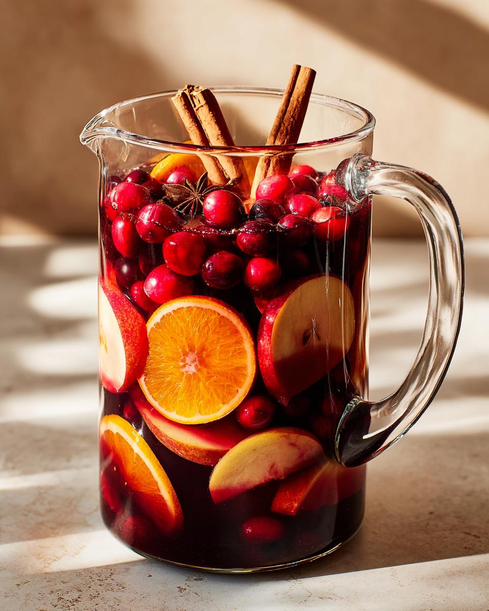 A glass pitcher filled with deep red holiday sangria, loaded with fresh cranberries, orange slices, and apple wedges, garnished with cinnamon sticks.