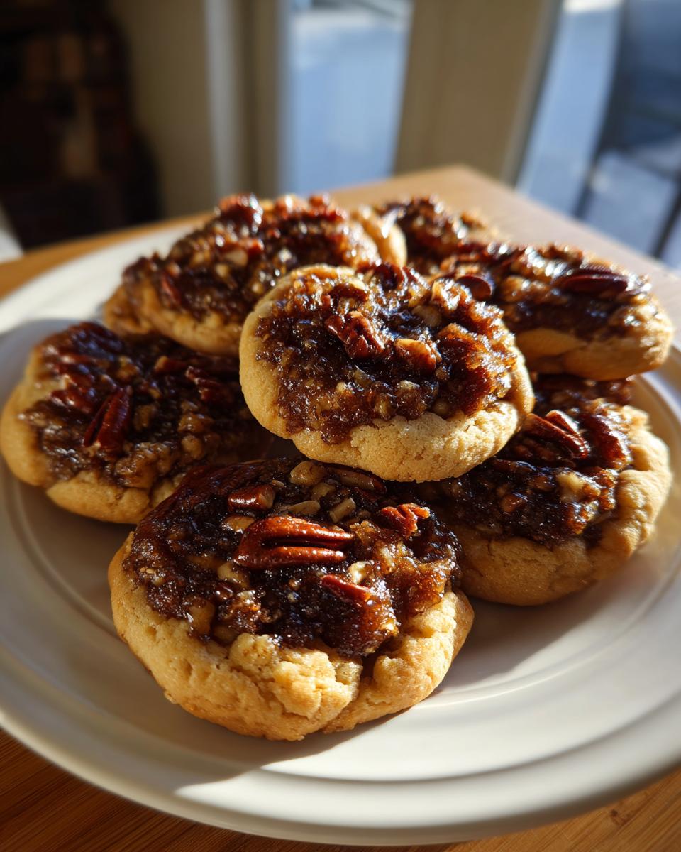 A plate stacked with several rich, gooey pecan pie cookies topped with caramelized pecans.