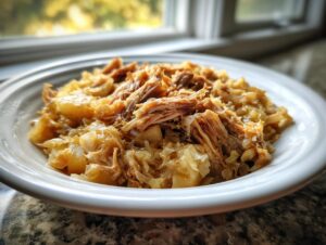 A close-up of shredded pork piled on top of braised sauerkraut in a white bowl, featuring the pork and sauerkraut dish.