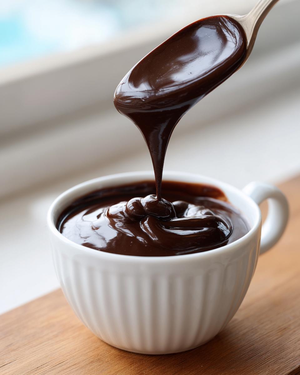 A spoonful of thick, glossy chocolate fondue is being poured back into a white, ribbed cup.