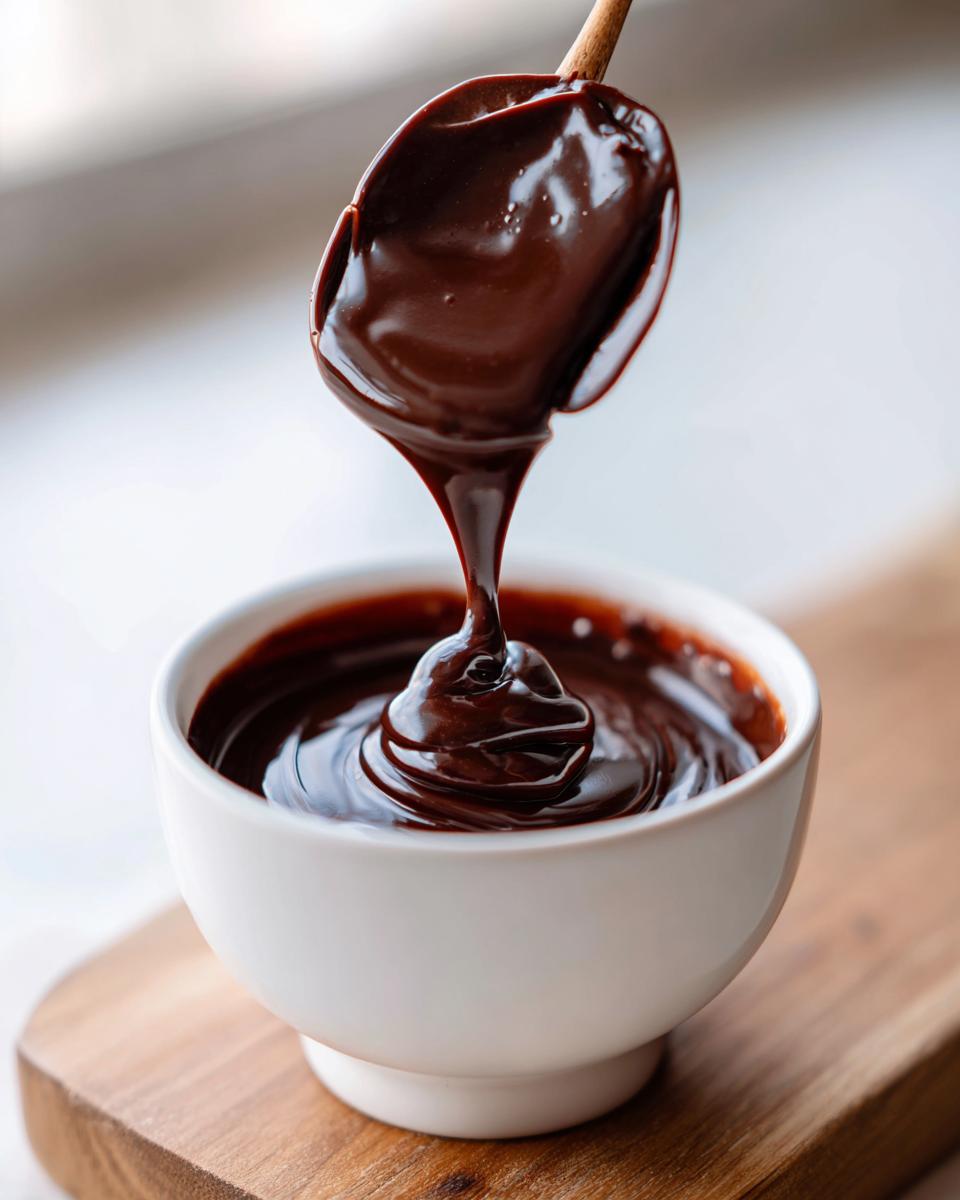 A wooden spoon drips glossy, melted chocolate fondue back into a small white bowl.
