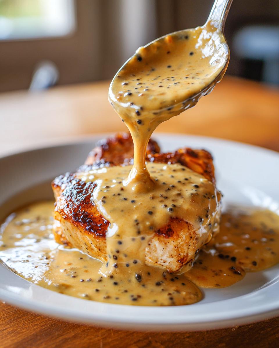 A spoonful of rich, creamy peppercorn sauce is poured over a perfectly seared piece of meat on a white plate.