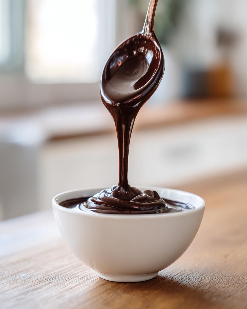 Melted chocolate is poured from a spoon into a white bowl, showing the rich texture of the chocolate fondue.